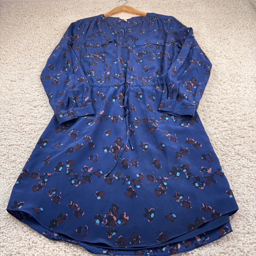 Rebecca Taylor Silk Floral Dress Women 8 Blue Excellent Drawstring Waist Pocket